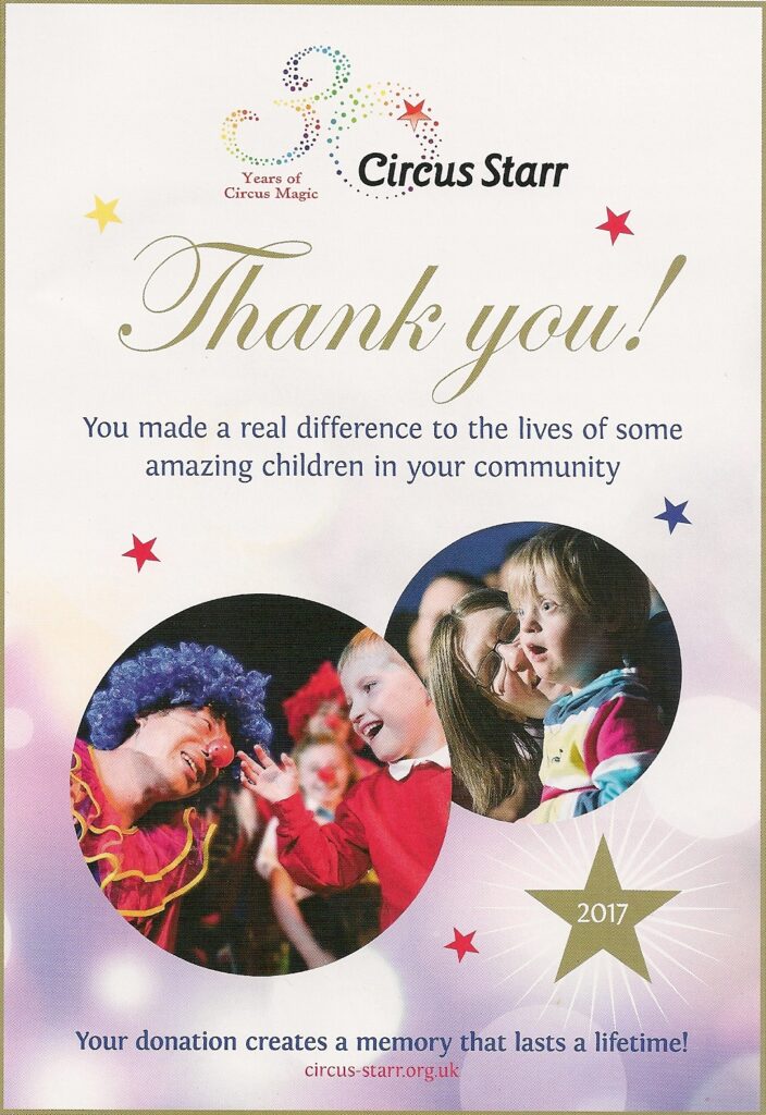 Circus Starr thank you card featuring children smiling, a clown performing, and text expressing gratitude for supporting children in the Essex community—perfect for sharing joy at your next party or event, designed with flair by a talented architect.
