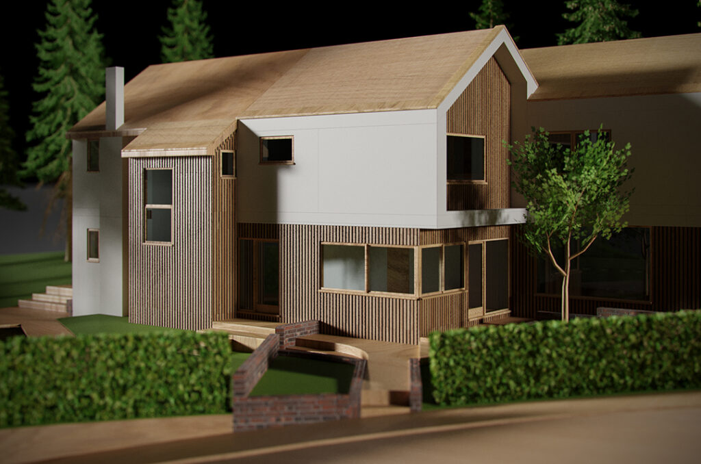 A modern two-story house in Essex with wood and white paneling, large windows, a small front yard, and trees in the background—designed by an architect with careful attention to party wall features.