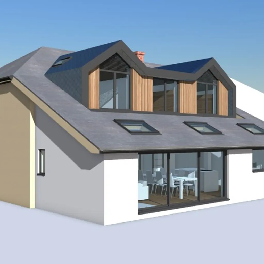 A modern two-story house in Essex with large glass doors, multiple skylights, and dormer windows set into a sloped gray roof—an architect’s vision featuring stylish party wall detailing.