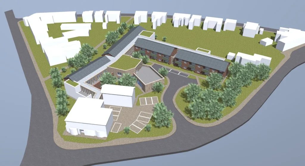 Aerial view of an architectural rendering by an Essex architect, showing several buildings, parking spaces, roads, green areas, and trees arranged in a planned development layout.