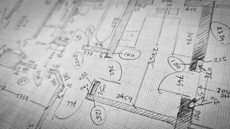 Hand-drawn architectural floor plan by an Essex architect, with measurements and notes on graph paper, showing room layouts, dimensions, and a marked party wall.