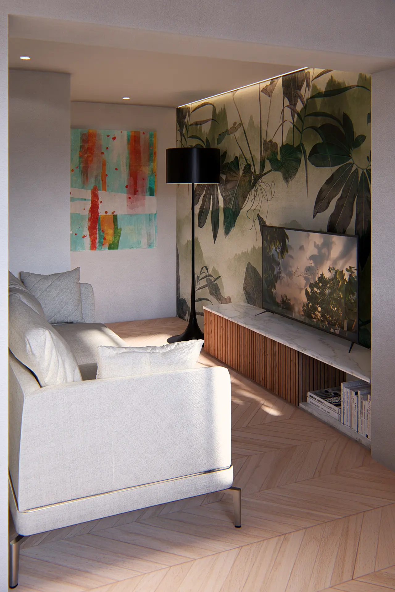 A modern living room with a light gray sofa, large leafy wall mural, abstract art, and floor lamp. Designed by an Essex architect, it features a party wall, flat-screen TV on a wooden console, and herringbone wood flooring.