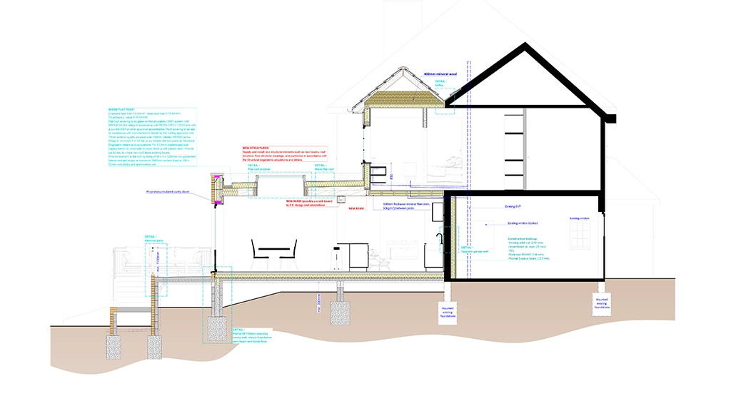 Cross-sectional architectural drawing by an Essex architect, showing structural elements, foundation, party wall details, different rooms, measurements, and construction notes in various colors.