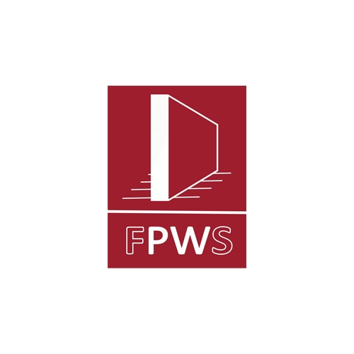 Red and white logo featuring an open door graphic above the letters "FPWS" in bold font, ideal for party wall or architect services in Essex.