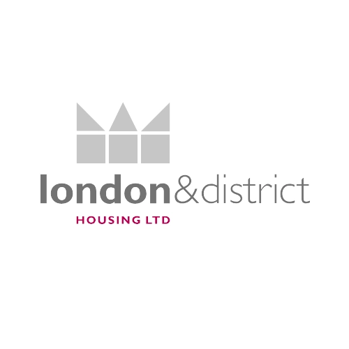 Logo for London & District Housing Ltd featuring a stylized roof design above the company name in gray text, with "HOUSING LTD" in red below—ideal for an architect or party wall specialist serving Essex and surrounding areas.