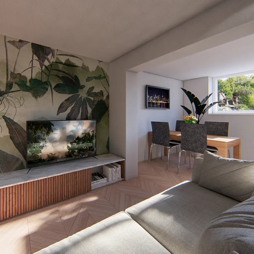 A modern living room designed by an Essex architect, featuring a sofa, TV on a console, leafy wall mural along the party wall, and an adjacent dining area with a table, chairs, and window letting in natural light.