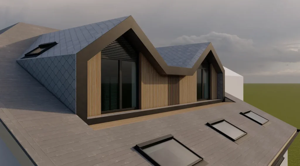 Modern house roof in Essex with two gabled dormer windows featuring wood paneling and glass doors, plus three skylights on a sloped, shingled surface under a cloudy sky—an architect’s thoughtful design near the party wall.