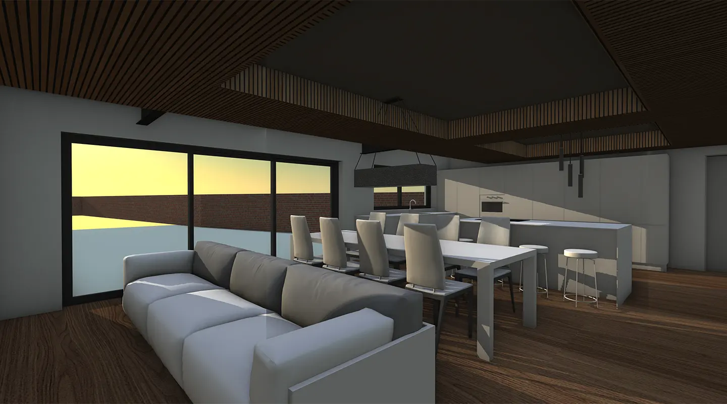 Modern open-concept living and dining area designed by an Essex architect, featuring a white sofa, dining table with eight chairs, kitchen island, large windows showcasing a stunning sunset, and seamless party wall integration.